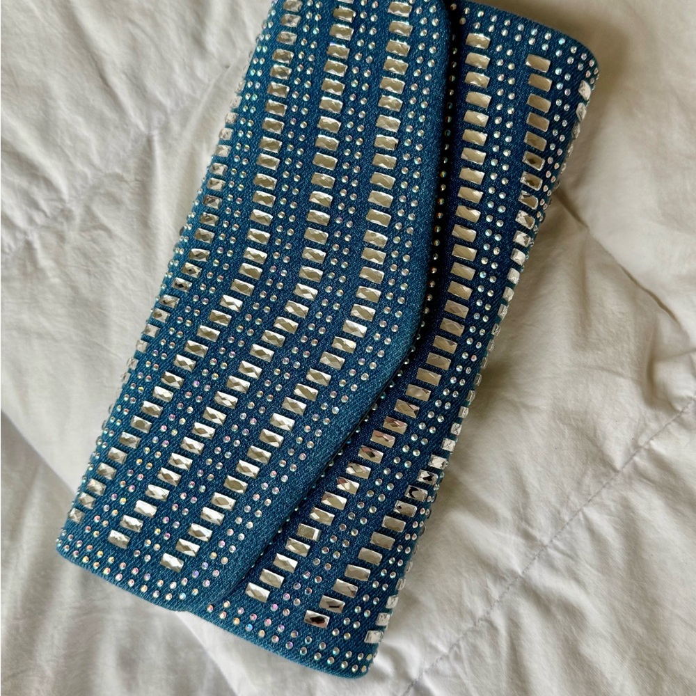 Blue Denim Clutch with Silver and iridescent Rhinestone
